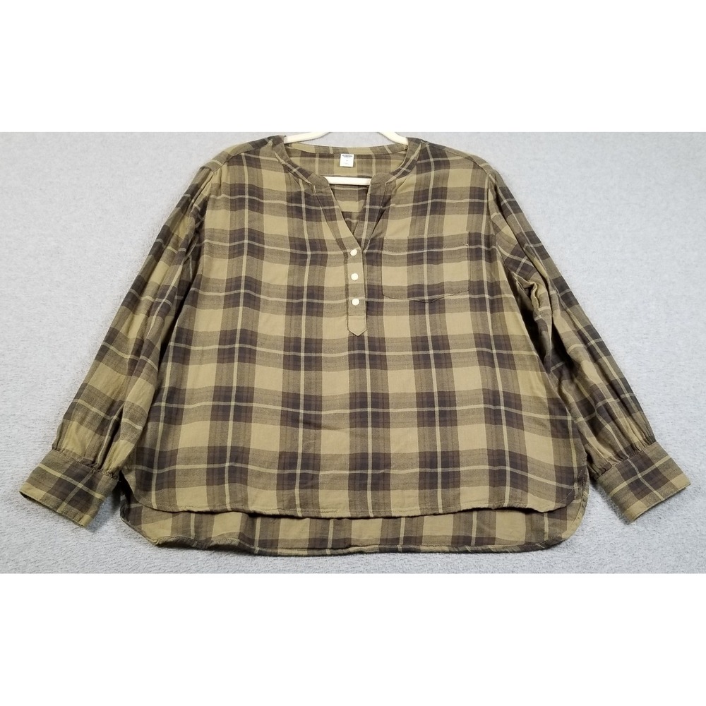 Old‎ Navy Plaid Henley Blouse Women M Medium Green Brown Long Sleeve Fall Top